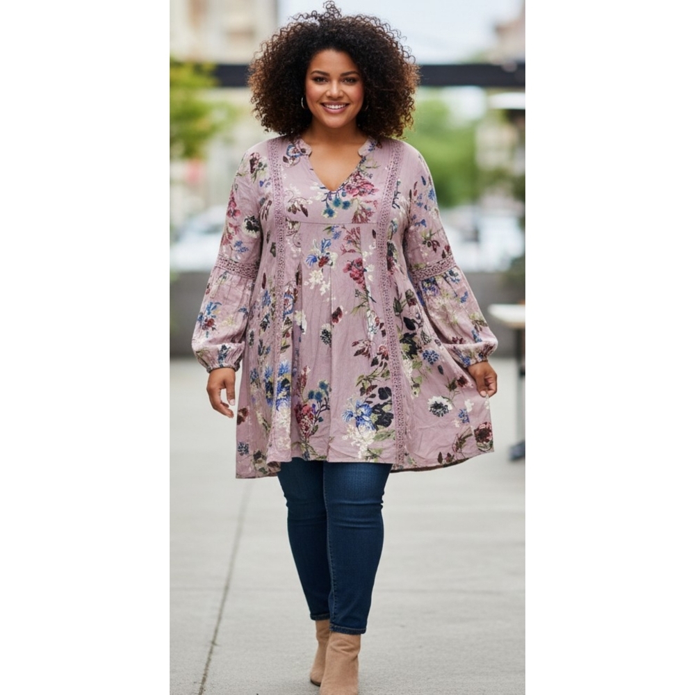 Blu Pepper Split Neck Floral Tunic Dusty Pink Size 1X